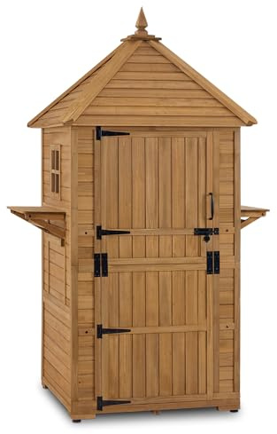 MCombo Large Outdoor Storage Cabinet with 6 Shelves (2.9 x 2.9 x 8.1 ft), Wood Storage Shed, Garden Shed with 2 Foldable Tables for Patio Yard Lawn, 2645