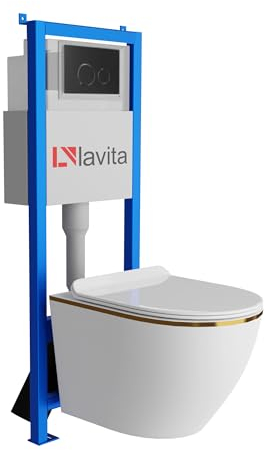 Lavita LAV 101 Élément mural pour WC 40 cm + évier mural suspendu SOFI SLIM GOLD LINE sans bord + panneau de commande LAV 200.4.4 noir + abattant WC avec système d'abaissement automatique Kit complet