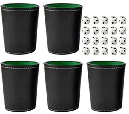 Juego de 5 Vasos de Dados de Cuero de PU con Tapa Forro de Fieltro Marrón Oscuro Agitador Silencioso Incluye Juego Forrado de 6 Puntos, para Juegos Familiares de Mesa Yahtzee