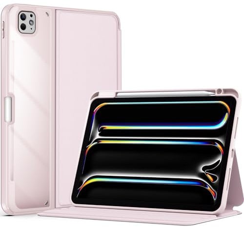 ProCase Smart Case for iPad Pro 11 Inch 2024 M4 with Pencil Holder, Clear Back Slim Tri-Angle Folio Stand Shell Tablet Cover for iPad Pro 11” 2024 5th Generation -Pink