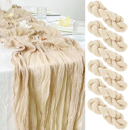 Seihtuch Tischläufer Beige, 6 Stück Salbei Beige Käsetuch Boho Gaze Käsetuch Tischläufer Rustikaler Durchsichtiger Läufer, Tischdecke für Hochzeit Brautparty Geburtstagsparty, 90 x 300 cm
