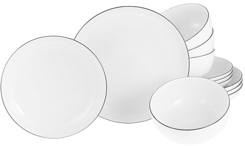 CreaTable, 22559, Serie Allround Black Line, 12-teiliges Geschirrset, Teller Set aus Porzellan, spülmaschinen- und mikrowellengeeignet