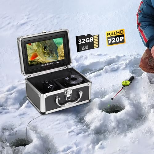 FishPRO Unterwasser-Angelkamera HD720P – mit externer 32-GB-Karte, 17,8 cm (7 Zoll) Eisfisch-Kamera [Aluminiumbox], Fischfinder, Eisfischen, Geschenke für Männer, 12 Stück IR + 12 Stück LED, 4.500 mAh