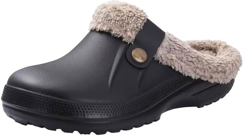 Zuecos Mujer Hombre Zapatillas Casa Invierno Zapatos de jardín Comodidad Suave Interior y Exterior Pantuflas Antideslizantes Impermeable, Negro, 41/42 EU, Tag 42/43