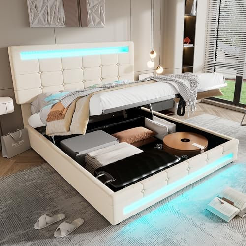 Oyemige Upholstered Bed, 4ft6 Double Bed, 135x190 cm Modern hydraulic Storage Bed Frame with 7colors LED-light, with small pockets and 12 dynamic modes, Adults Teenagers, No Mattress (Beige)