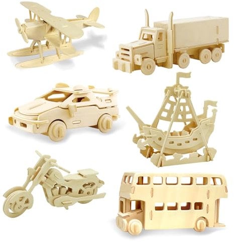 Georgie Porgy 3D Holzpuzzles DIY Modelle Kits für Kinder Dinosaurier Flugzeug Holzhandwerk BAU Spielzeug 6 Stück (Bus Flugzeug Sportwagen Piratenschiff LKW Motorrad)
