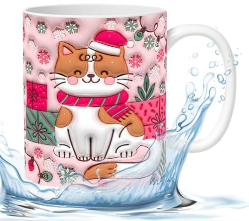 -Keramikbecher, Weihnachtstasse, Katze, Teetasse, Getränketasse, Keramik-Kaffeetasse, Weihnachtsmütze, Espressotassen, 350 ml, für Familie, Kinder, Freunde, Kollegen