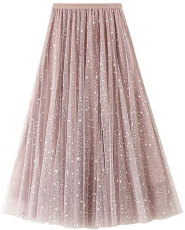 Onsoyours Jupe en Tulle Longue pour Femme Jupe à Paillettes Jupe Plissée Tulle Longue Élégant Jupe d'été Trapèze Vintage Jupe en Superposée A-Ligne Ceinture Élastique