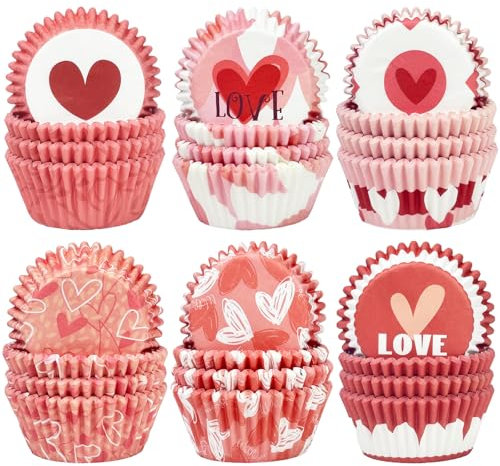 Gcardist 300 Stück Standard-Muffinförmchen Cupcake-Becher 6 Designs Rosa Valentinstag Muffinpapier-Backförmchen Cupcake-Hüllen (Standardgröße)
