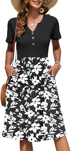 AUSELILY Women's Summer Short Sleeve Midi Dresses V Neck Empire Button Knee Length Dress with Pockets Black White Flower M
