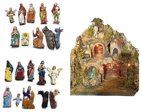 BLUSUPERSHOP Krippe komplett Art. 5 40 x 30 cm Höhe 38 cm Holz und Kork Wasserfall mit oder ohne Hirten ohne 10 Hirten 7-8 cm Terracotta oder 8 cm Kunststoff Heiliges Grigorium ARMENO Tempel