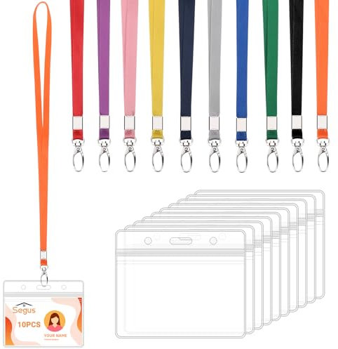 Segus Tour de Cou Porte Badge, 10 Pièces Cordon Tour de Cou avec Porte Badge en Pvc, Porte Carte Plastique Transparent, Lanyard avec Boucle Pivotante, pour École, Hôpital, Entreprise