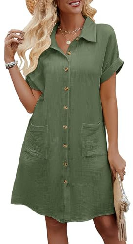 PASUDA Sommerkleid Damen Kleider Casual Hemdkleid V-Ausschnitt Midikleid Kurzarm Kleid Strandkleid Sommer Bikini Cover Up Strandponcho Strandtunika Vertuschen Shirt Kleid mit Taschen (Grün, XL)
