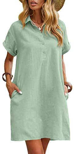 Zeagoo Sommerkleid Damen Leinen Kleider Knielang Casual Strandkleid Kurzarm Kleid Sommer Hellgrün Shirtkleider Freizeitkleid mit Taschen L