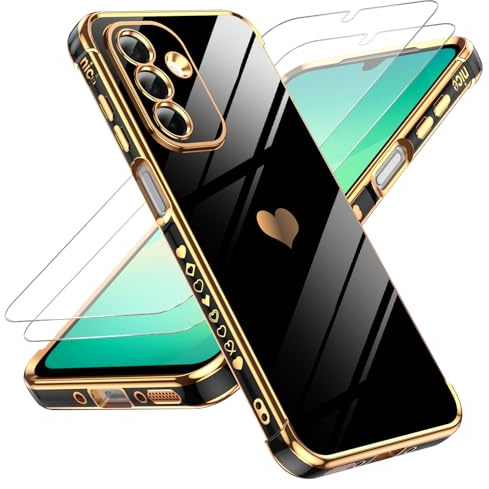 LeYi für Samsung Galaxy A26 5G TPU Handyhülle mit 2*Schutzfolie-Schwarz | Cute Herz Muster Flexibel Silikon Galvanik Stoßfest Schutzhülle Cover Case, Kameraschutz Kratzfest für Samsung A 26 5G Hülle