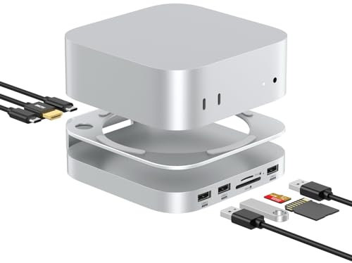 AKKYAJAURE Mac Mini M4 Hub, 10 en 1 Aluminum Mac Mini Stand and Dock for Mac Mini M4/M4 Pro with M.2 NVMe SSD Enclosure, 4K60hz HDMI, 10Gbps USB-A*2, SD/TF Card Readers| Mac Mini 2024 Accessories