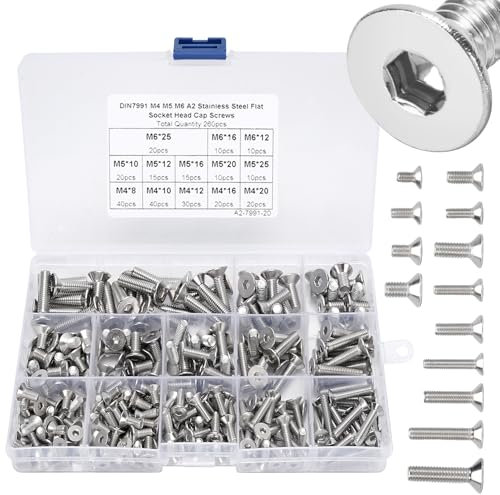 260pcs Edelstahlschrauben, Standard Innensechskant Senkkopfschrauben Set M4/M5/M6, 304 Edelstahl Flachschrauben Set für Elektronikindustrie, Metrische Maschine, Befestigungen