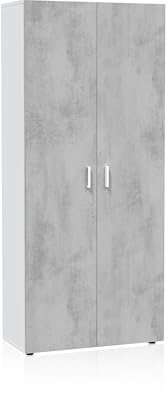 duehome | Armario Multiusos con 2 Puertas, Armario Escobero, Modelo Multi Useful, Acabado en Color Blanco Artik y Cemento, Medidas: 80 cm (Ancho) x 182 cm (Alto) x 37 cm (Fondo)