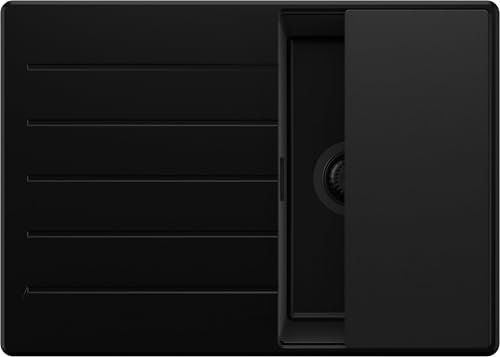 PRIMAGRAN Fregadero Cocina Todo Negro 70x50cm, Granito 1 Seno + Sifón + Tabla de cortar, Sobre encimera al mueble 40cm - Copenhague S368