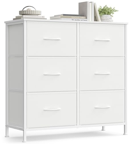 SONGMICS Cassettiera Camera da Letto, Mobile con 6 Cassetti, Acciaio, MDF, Tessuto non Tessuto, Cabina Armadio Ingresso Soggiorno, Bianco Nuvola e Bianco Neve LGS123WH01