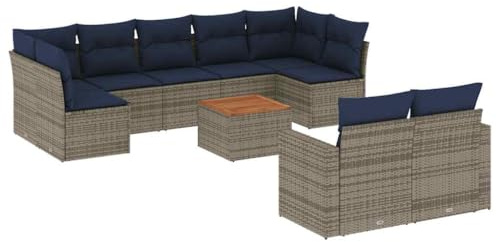 vidaXL Garten Sofa Garnitur 10-TLG., Gartenmöbel Set mit Kissen, Sitzgruppe für Garten Terrasse, Modular Gartensofa Lounge Tisch, Grau Poly Rattan