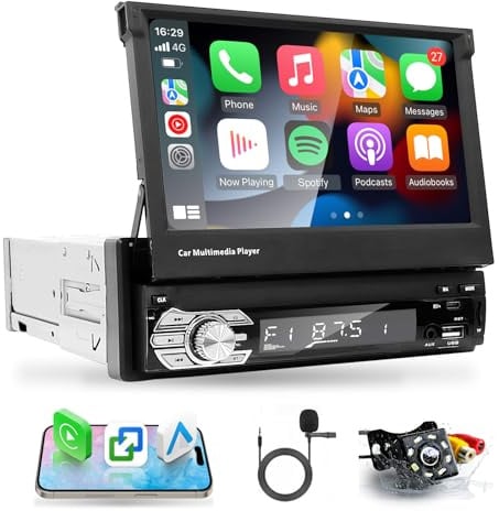 7 Zoll Flip Out 1 Din Autoradio Bluetooth mit Wireless Carplay Android Auto | EZoneTronics 1 Din Touchscreen Autoradio mit Bildschirm Mirror Link EQ FM USB Typ-C AUX Mikrofon Rückfahrkamera