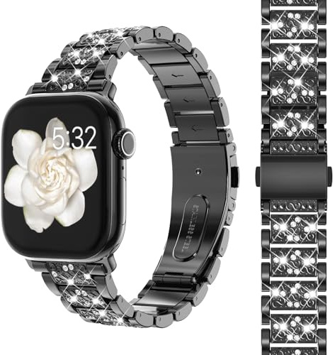 CHANCHY Kompatibel mit Apple Watch Armband 42mm(Series 10 11) 41mm 40mm 38mm, Damen Funkeln Gliederarmband Metallarmband Ersatzarmband für iWatch SE 3 2 1/ Series 11 10 9 8 7 6 5 4 3 2 1, Schwarz