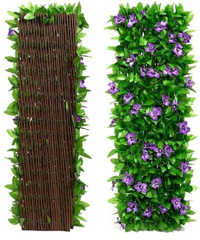 Künstliche Blätter, Sichtschutz Für Den Garten, Sichtschutzhecke, Spalier, Dekorative Künstliche Efeu-Zaunplatte, Künstliche Hecken, 30 X 180 cm, Erweitert, Violette Blumen, 2 Stück