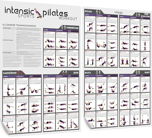 intensic SPORTS Pilates Workout Poster | 60 effektive Fitness-übungen für Home-Training Abnehmen & Muskelaufbau | Bauch Beine Po ohne Geräte | Ganzkörper-training Zuhause ohne Reformer Board und Wand