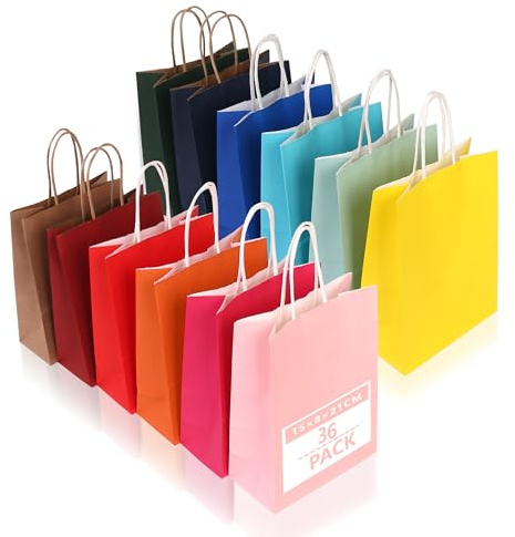 36 Stück Geschenktüten mit Henkel, bunte Kraftpapiertüten 15x8x21cm, 120g/m² Dicke Umweltfreundliche Recycelbar Papiertaschen für Party Geburtstag Hochzeit Weihnachten
