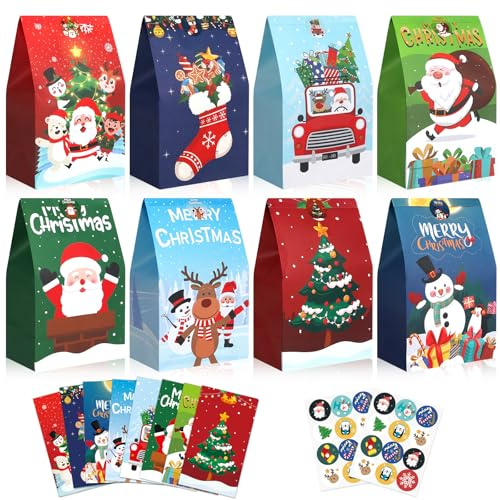 RICEDUO 24 Stück Geschenktüten Weihnachten Papier Bunt mit 24 Aufkleber, Kraftpapier Weihnachtstüten Klein für Partys Weihnachten Geschenk, 22 x 13 x 8 cm, 8 Farben