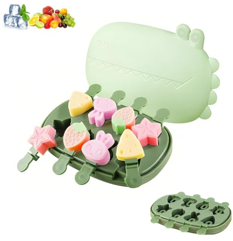 PARFCO Moule à Glace en Silicone pour Enfants, 8 Compartiments | Avec Bâtons et Couvercle Crocodile, Réutilisable, Idéal pour Préparer des Glaces Maison Adaptées aux Enfants