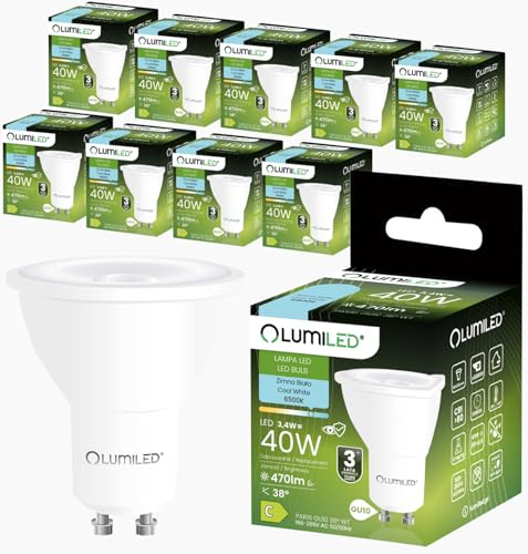 Lumiled GU10 LED Lampe 10er Set PAR16 3.4W ersetzt 40W 470Lm 6500K Kaltweiß Spot Reflektor 38° Nicht Dimmbar Energiesparend Leuchtmittel 230V für Deckenspots Deckenleuchte Wohnzimmer Schlafzimmer Büro