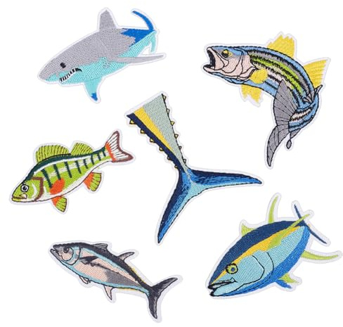 CRAFTYMELODY 12Pcs Fish Iron on Patches 6 Styles Ocean Animals Embroidery Sew On Patches Tuna Shark Embroidered Costume Accessories for DIY Clothing Dress Hat Bags Jeans Shoes Decorate
