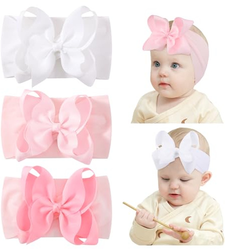Dooboi 3pcs Baby Headbands Bows Girls Headbands Pink White | Elastic Hair Accessories for Newborns Infants Toddlers and Kids