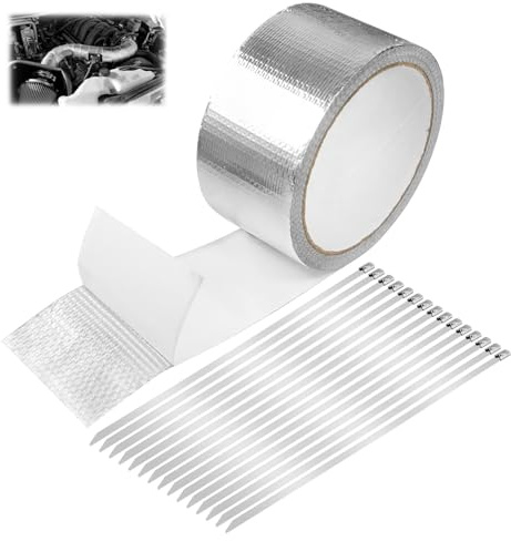 SyiXute 1 Rollos Cinta Anticalorica Escape Aislante 10 m x 5 cm,Cinta Adhesiva De Aluminio con 15 Bridas de Acero Inoxidable,Cinta de Escape Autoadhesiva para Coche,Moto,Colector (Plata)