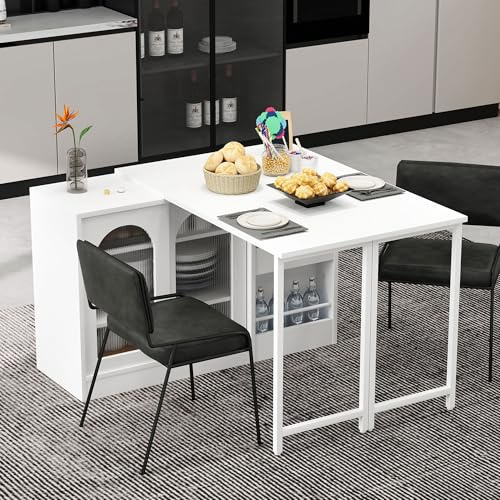 Mesa de bar moderna, 80 x 120 cm, color blanco, extensible, rotación de 360°, espacio de almacenamiento, diseño reversible, puerta de cristal, ideal para uso en cocina y cafetería