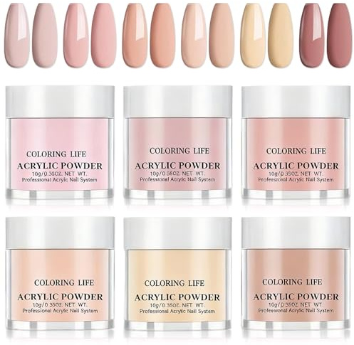 Acrylic Powder Set - 6 * 10g Acrylic Nail Powder - Nude Pink Nail acrylic powder for Nails Extension, nail Carving, French Manicure Nail Art - Long Lasting Acrylic Nails for 21+ Days, No Need UV/LED