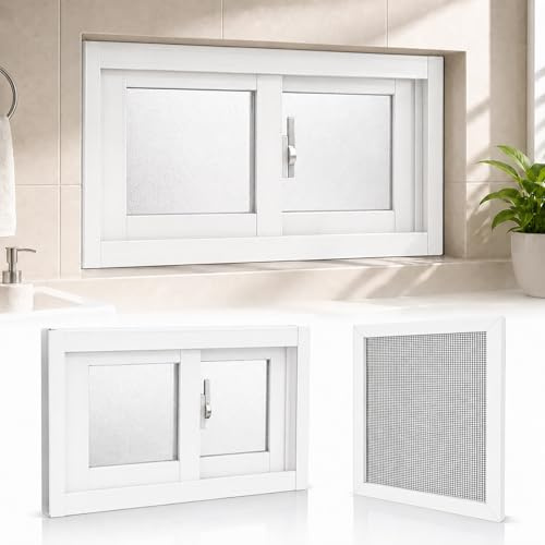 HLDJYLZS Ventana Corredera de Aluminio con Mosquitera, para Sótano Vidrio Esmerilado Una Capa, Ventilación para Baño Garaje Cobertizo(White,23 * 13in)
