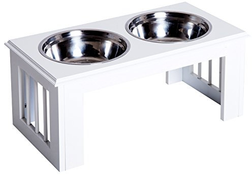 PawHut Stainless Steel Raised Dog Feeding Bowls with Stand for Extra Small and Small Dogs Elevated Twin Pet Bowls Water Food Feeder 58L x 31W x 25H cm - White
