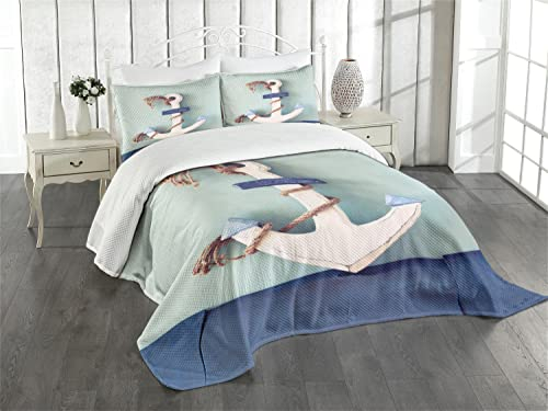 ABAKUHAUS Anker Tagesdecke Set, Anker und Seil-Motiv, Set mit Kissenbezügen farbfester Digitaldruck, für Doppelbetten 220 x 220 cm, Hellgrün Blau