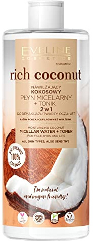 EVELINE COSMETICS Rich Coconut Micellar Water + Hydrating Tonic 2in1 for All Skin Types Makeup Remover Organic Based Product Vegan Formula 96% Natural Day & Night 500ml