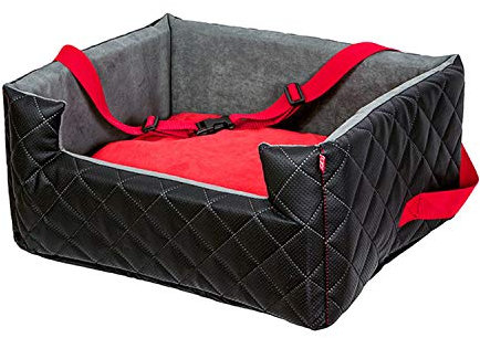 Exclusive Hunde Autositz | Autositz für Hunde, Katzen, Haustier | Rückbank, Beifahrersitz | Hundebett, Hundetasche | Kunstleder | Farbe: Schwarz/Rot | Große: L (57x50 cm)
