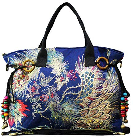 VINTAGE EMBROIDERY V.E. Schulter-Handtaschen für Damen, ethnische Reise-Hobo-Taschen mit glitzernden Pailletten, Phoenix-Stickerei, Big Blue, Large