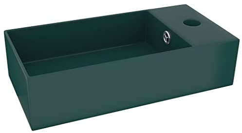 vidaXL Badezimmer Waschbecken mit Überlauf Aufsatzwaschbecken Waschtisch Badbecken Waschplatz Keramikbecken Handwaschbecken Keramik Matt Dunkelgrün