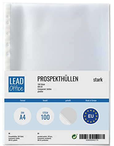 100 Prospekthüllen, dicke starke Folie, transparent DIN A4, Prospekt-Hüllen glasklar, farblose Klarsicht-Folien zum Schutz von Papier & Dokumente, Sichthüllen für A4 Ordner (100x 75my (stark))