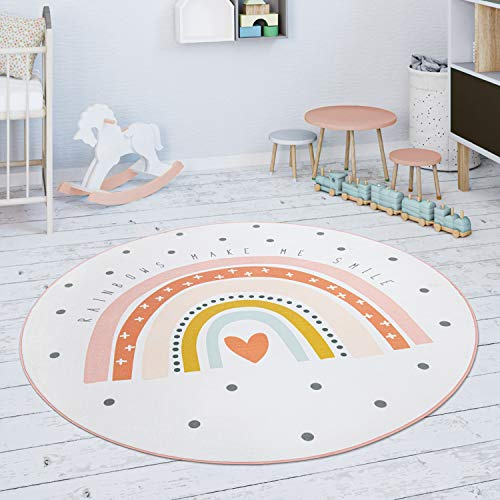 Paco Home Spielmatte Kinderteppich Teppich Kinderzimmer rutschfest Modern Regenbogen Herz Creme Rosa, Grösse:80 cm Rund