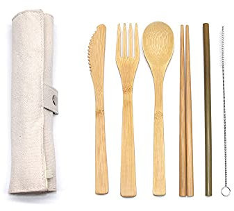 Shiwaki Bamboo Utensilios,Cubiertos,Reutilizables,ecológicos,portátiles, de bambú,Cubiertos,de Viaje,con Bolsa de Almacenamiento portátil (Rollo Beige)