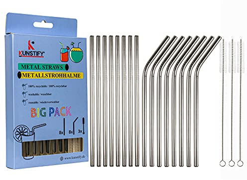 KUNSTIFY - Set di 16 cannucce in metallo - grande confezione (argento)