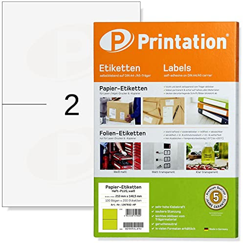Printation 210 x 148,5 mm A5 Power Etiketten Haft-PLUS stark haftend selbstklebend bedruckbar, 100 Blatt DIN A4 200 210x148,5 Universal Klebeetiketten weiß Adress-Aufkleber DHL Paket Versandetiketten
